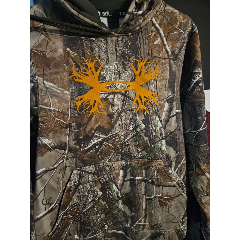 Under Armour Realtree Camo Hoodie Loose Fit Men MD Mossy Oak Orange Logo